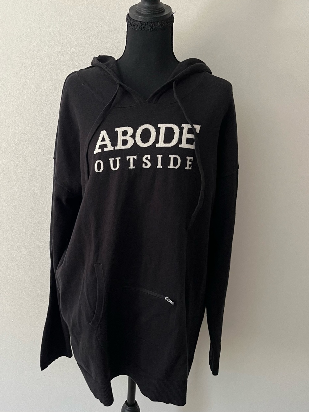 Abode Outside Black Cozy Relaxed Knit Hoodie White Logo Gender Neutral L